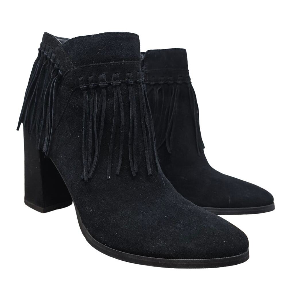 Nine West Black Suede Leather Fringed 4" Heeled Women's Bootie 5.5